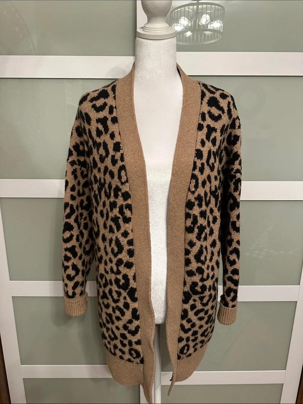 Leopard Print Open-Front Cardigan - Camel/Black - Picture 1 of 4